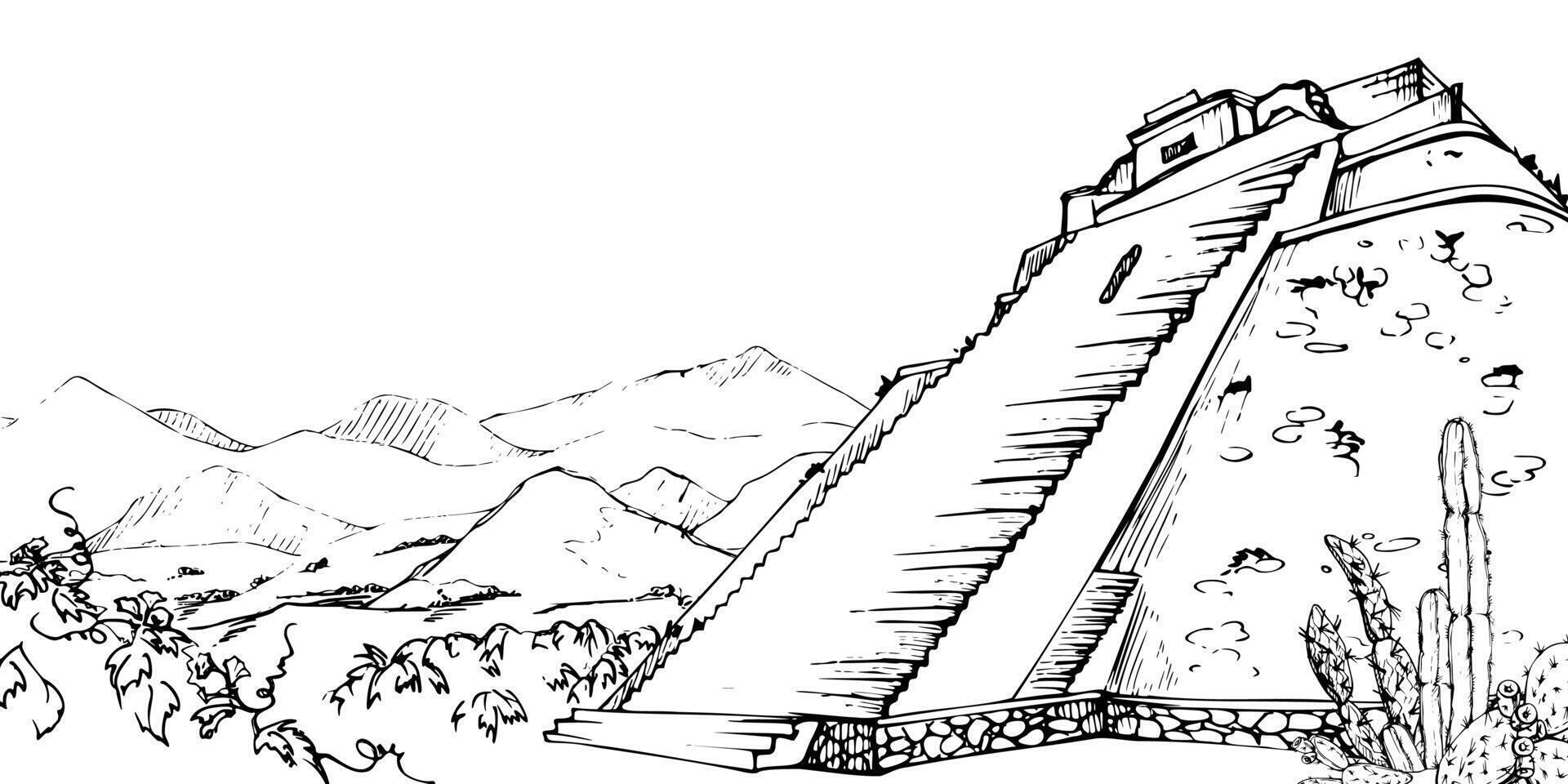 Mesoamerica Aztec ancient monument, pyramid ruins on plain field, mountains hills backdrop, jungle trees, isolated scenic landscape. Hand drawn ink illustration. Design travel, vacation tours vector