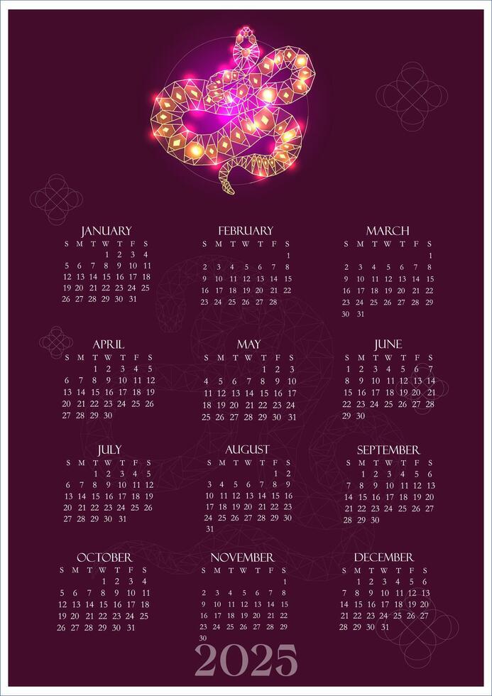 Happy new year 2025, year of the snake, Full calendar. calendar 2025. text 2025. Red modern style. Happy New Year. design template All month and weekdays vector