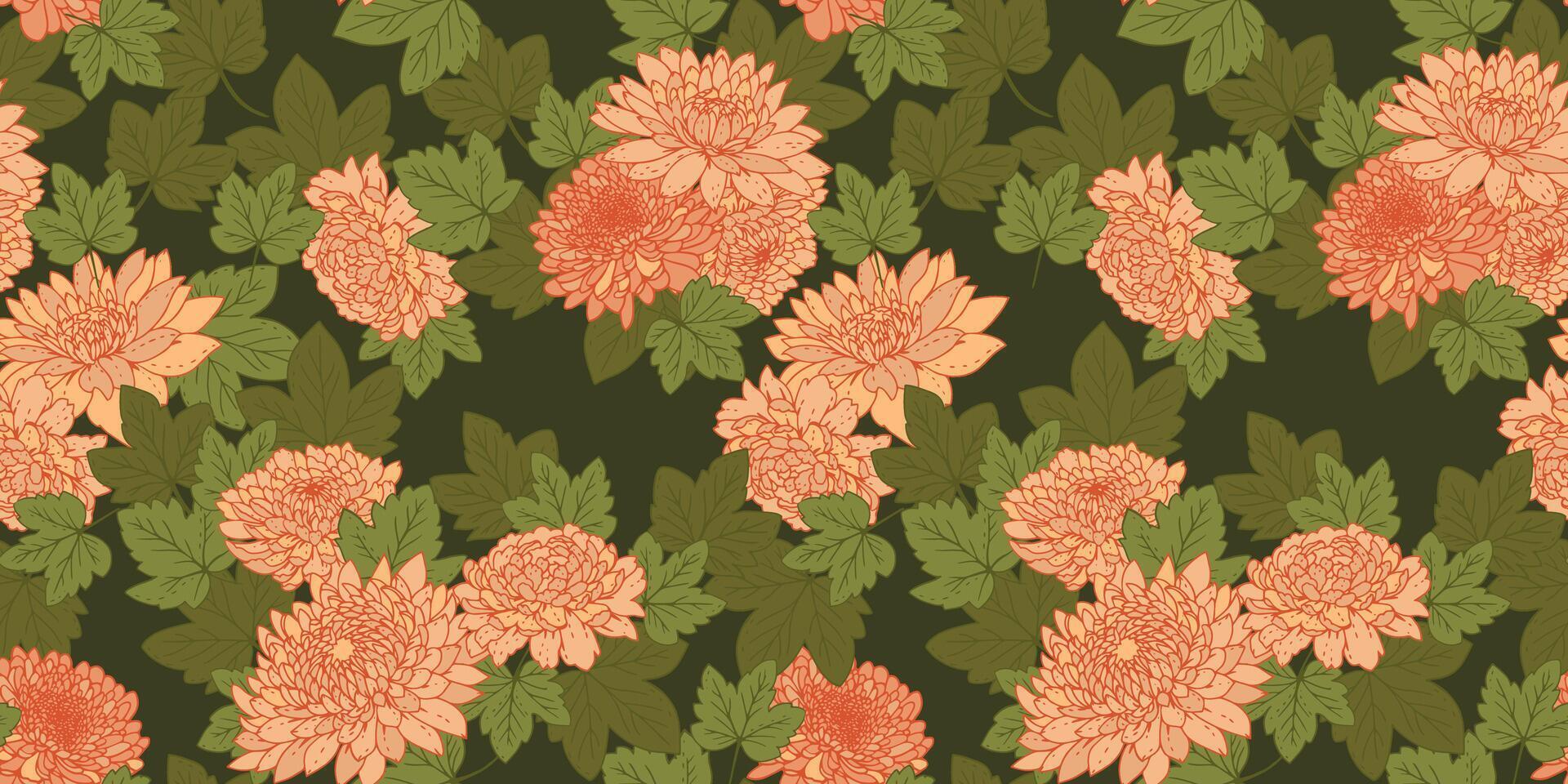 Elegant blooming floral seamless pattern on green background. Stylized peonies, dahlias, chrysanthemums. Artistic abstract flowers and leaves repeated print. drawn botanical illustration. vector