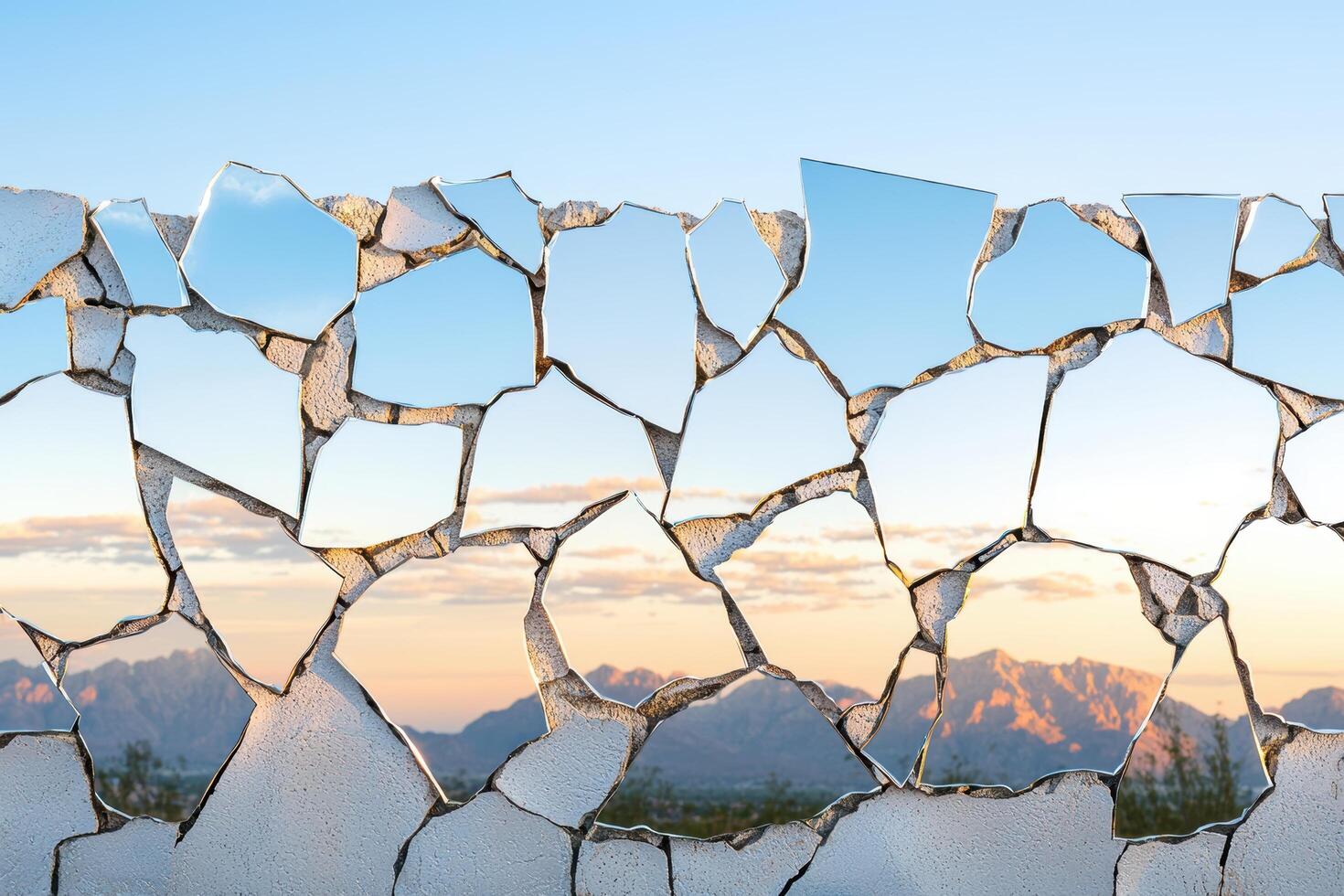 Cracked glass with mountain landscape photo