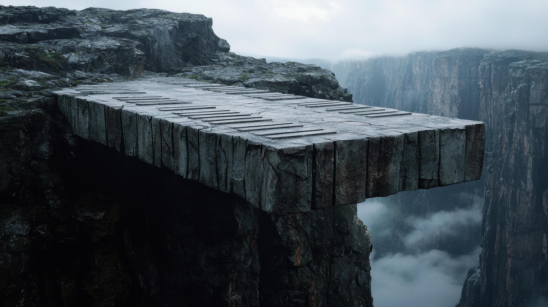 Dramatic cliffside bridge overlooking misty valley photo