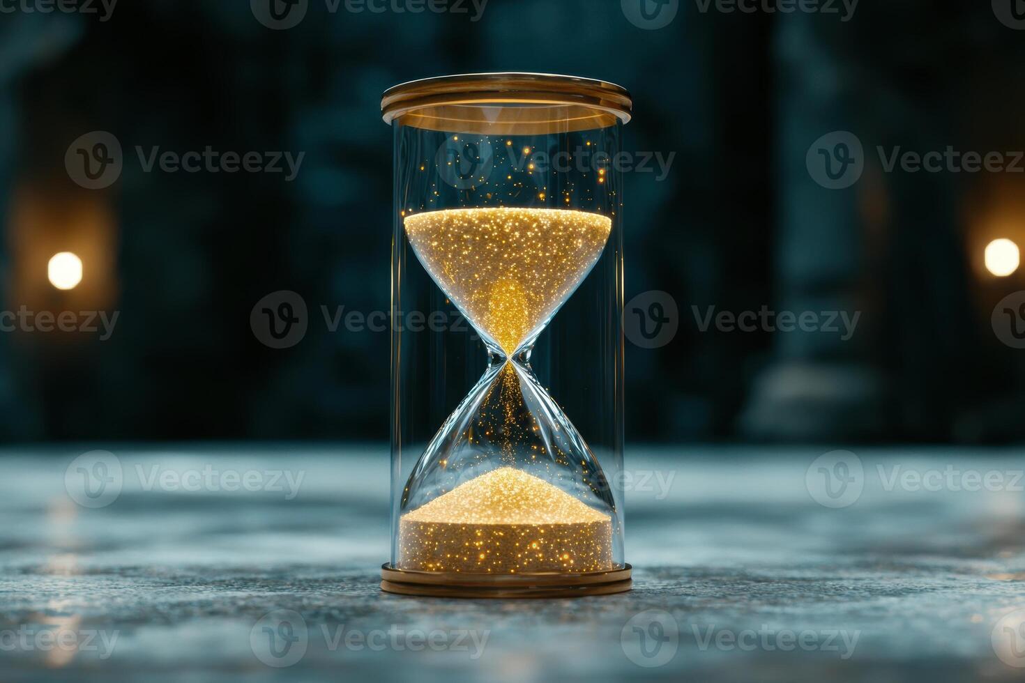 hourglass with golden sand and sparkling lights photo