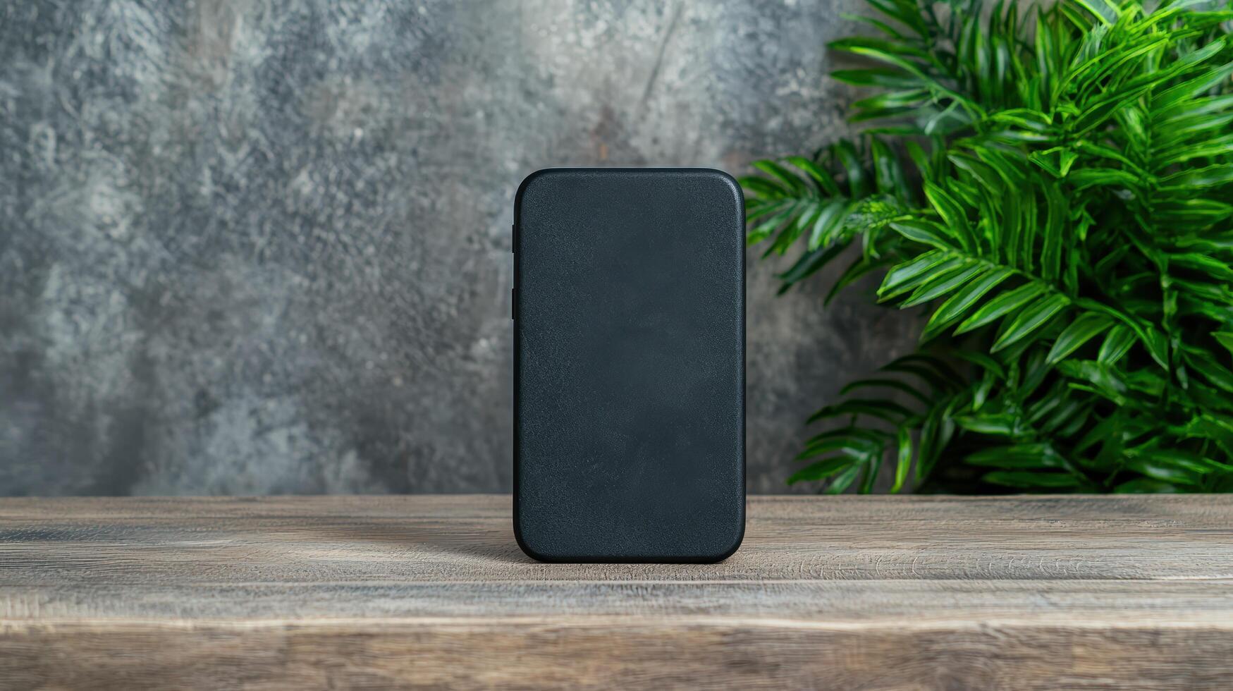 modern black smartphone on wooden table with plants photo