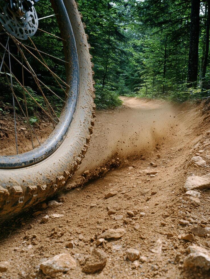 Rugged mountain bike trail in lush forest photo