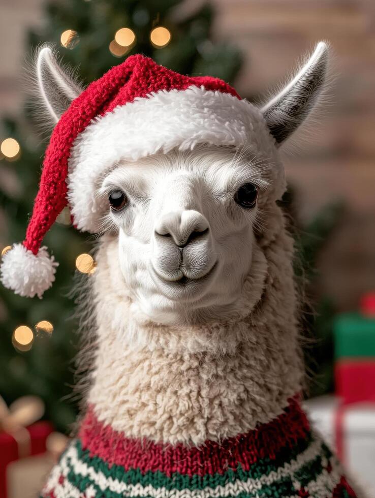 Adorable fluffy llama wearing a festive red and green knit hat photo