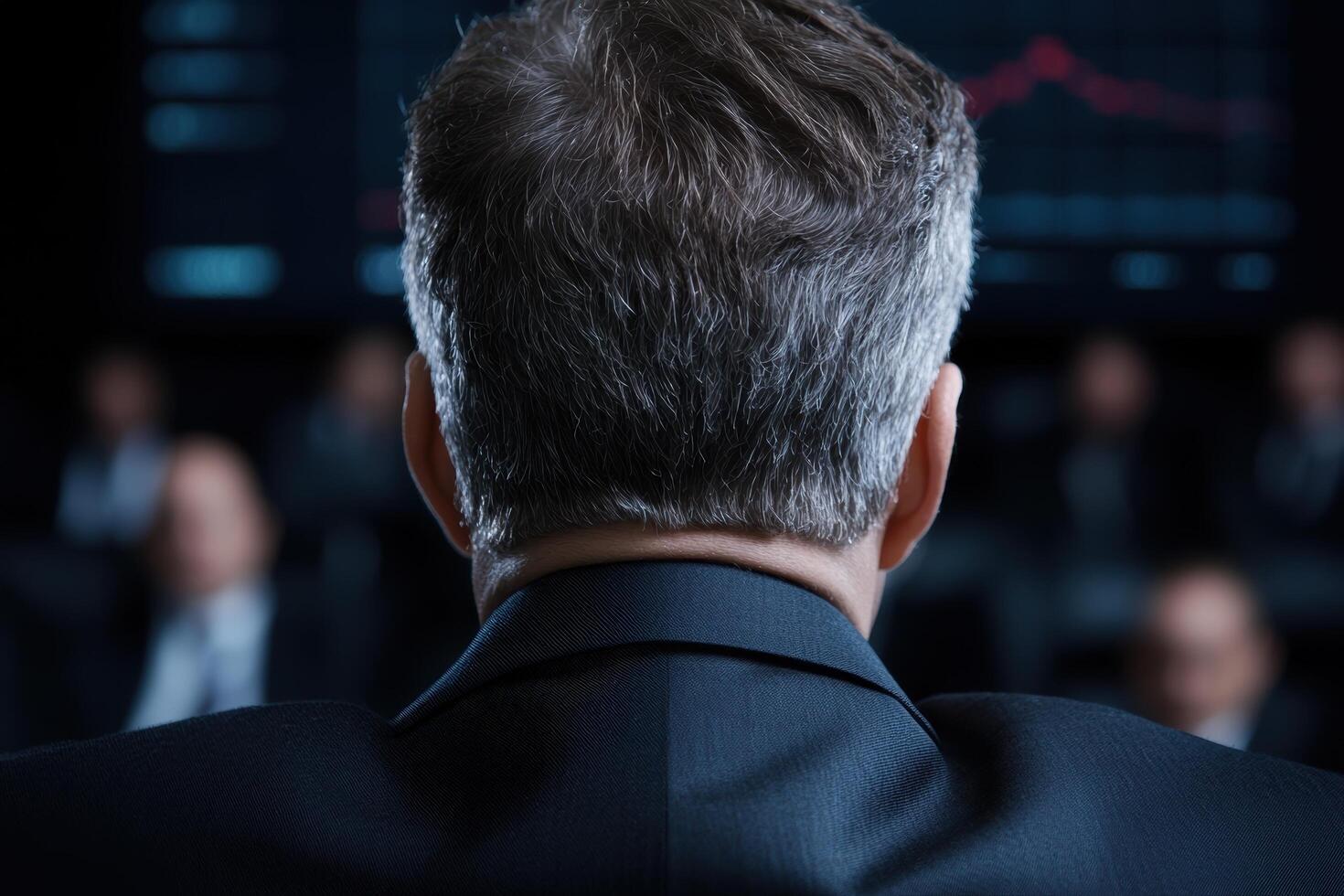Businessman in a dark suit standing with his back to the camera photo