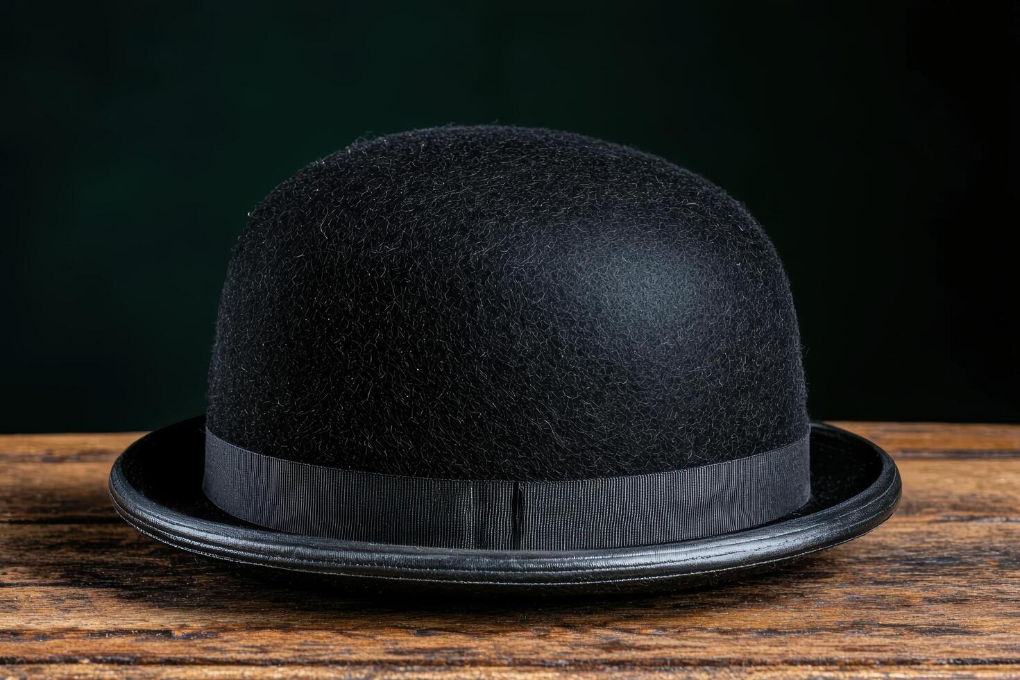 Vintage black bowler hat on wooden table photo