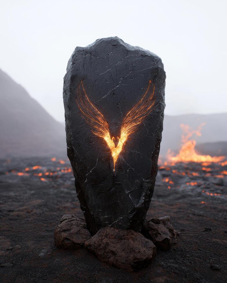 Fiery phoenix rising from volcanic rock photo