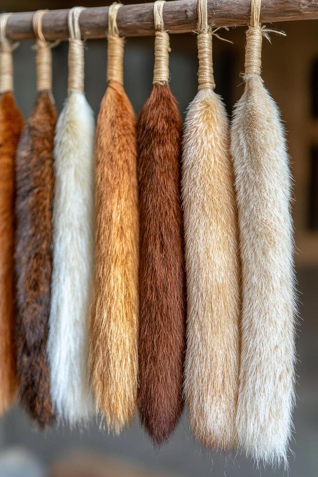Assortment of Fur Tails Hanging on Wooden Rack photo