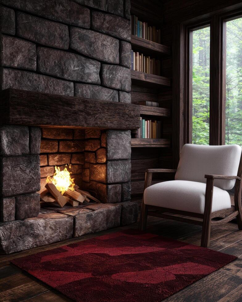 cozy cabin interior with fireplace and bookshelves photo