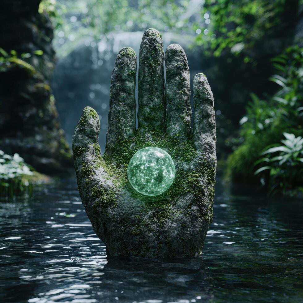 Mystical hand holding glowing orb in nature photo