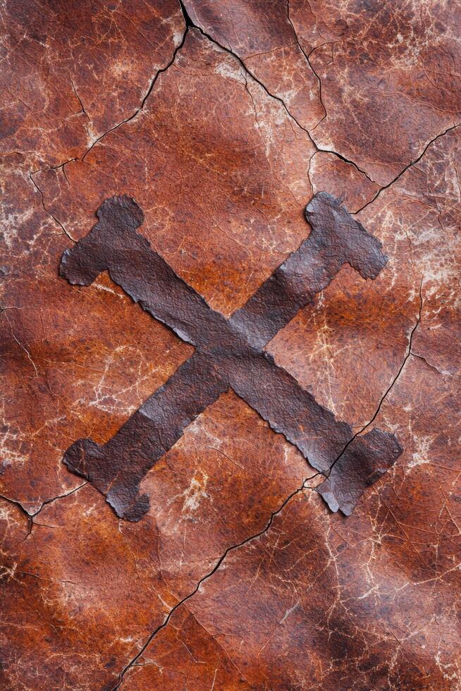 Cracked stone texture with abstract black cross shape photo