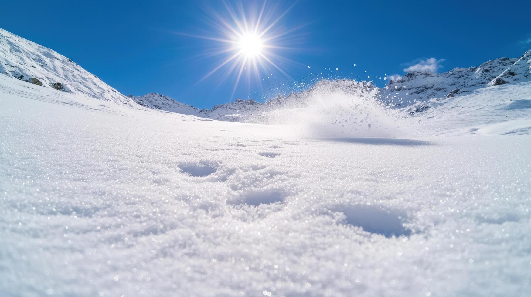Bright sun shining over snowy mountain landscape photo