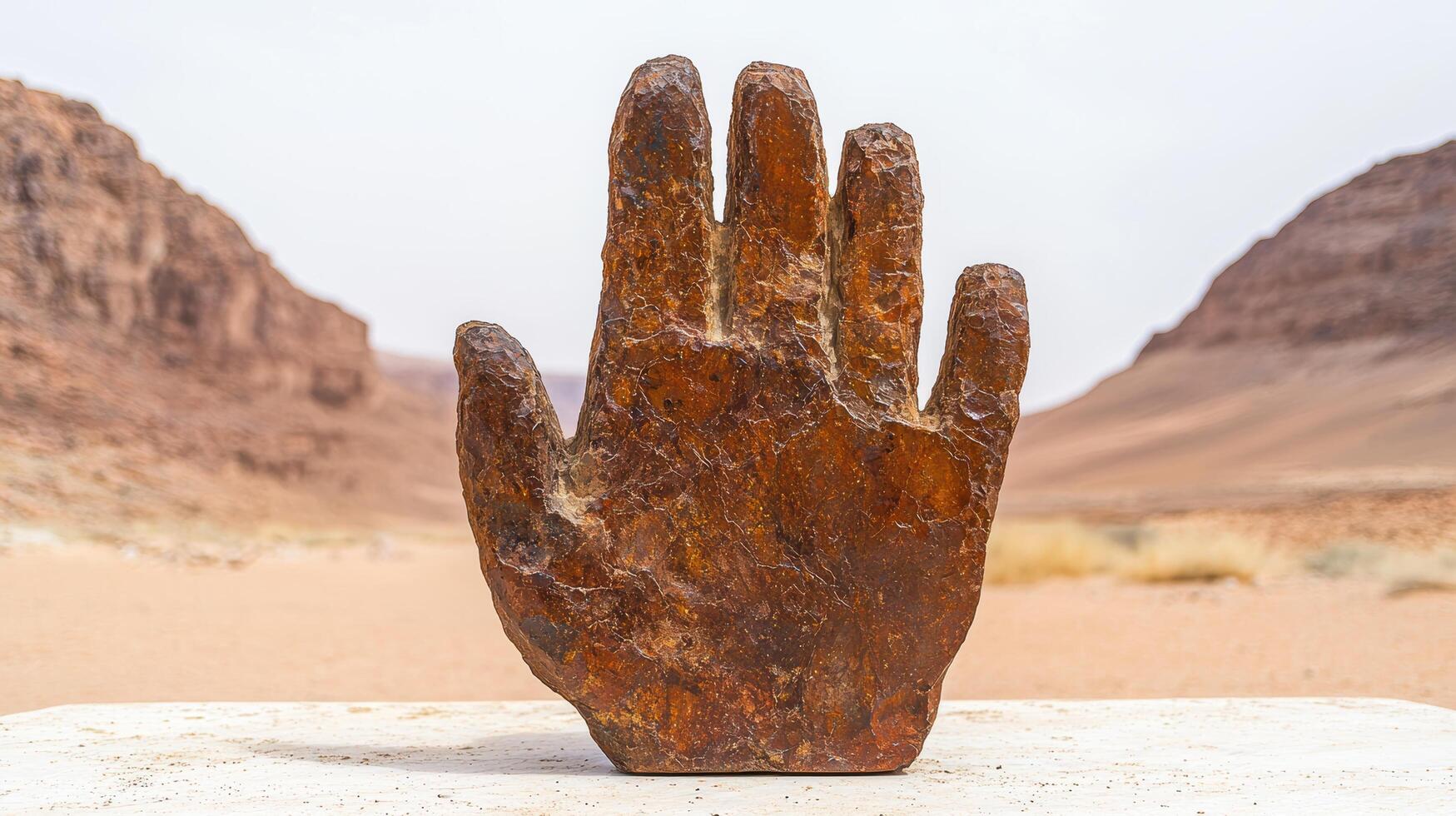 Rugged hand shaped rock sculpture in desert landscape photo