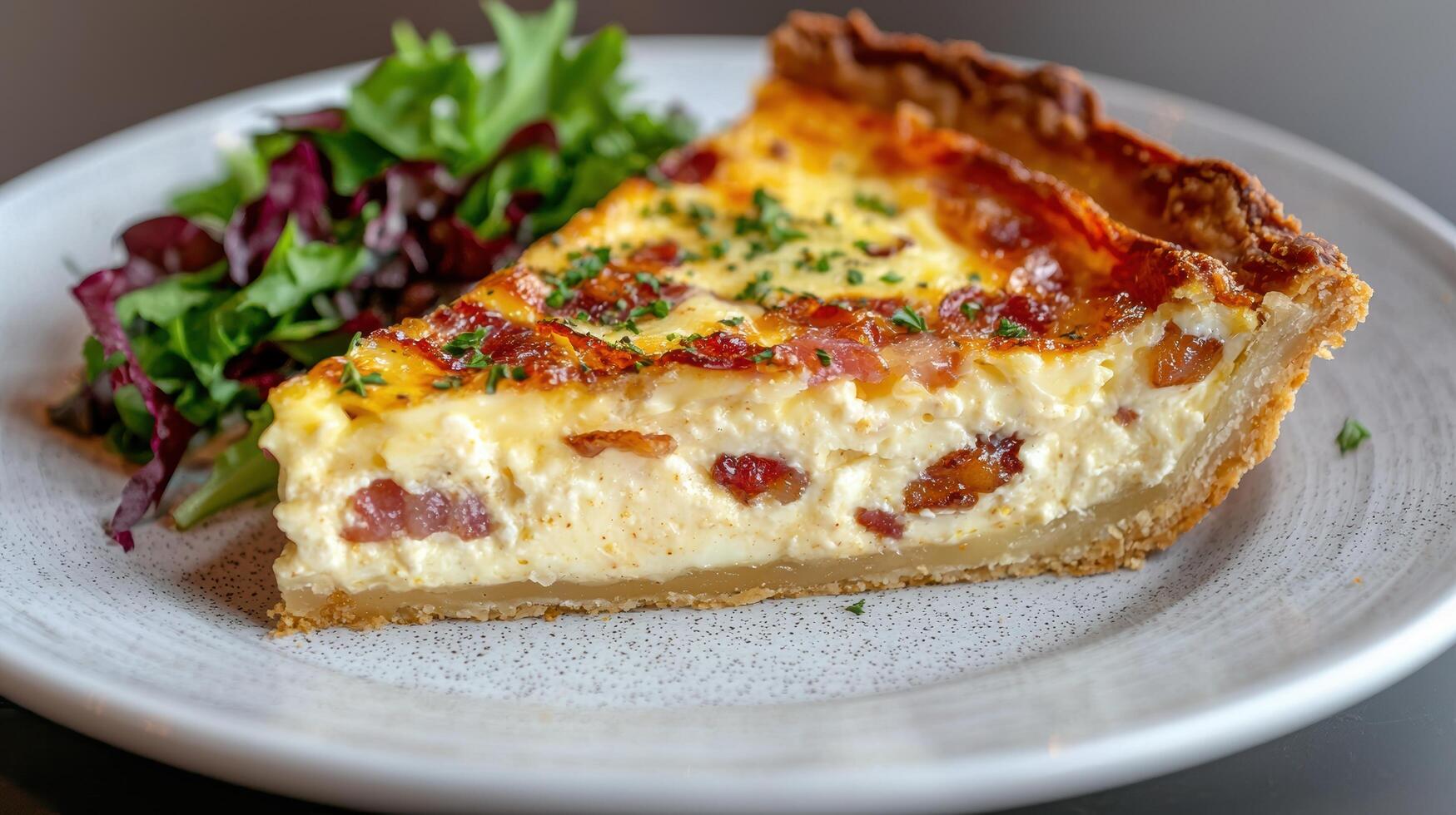 Savory quiche with bacon and salad photo
