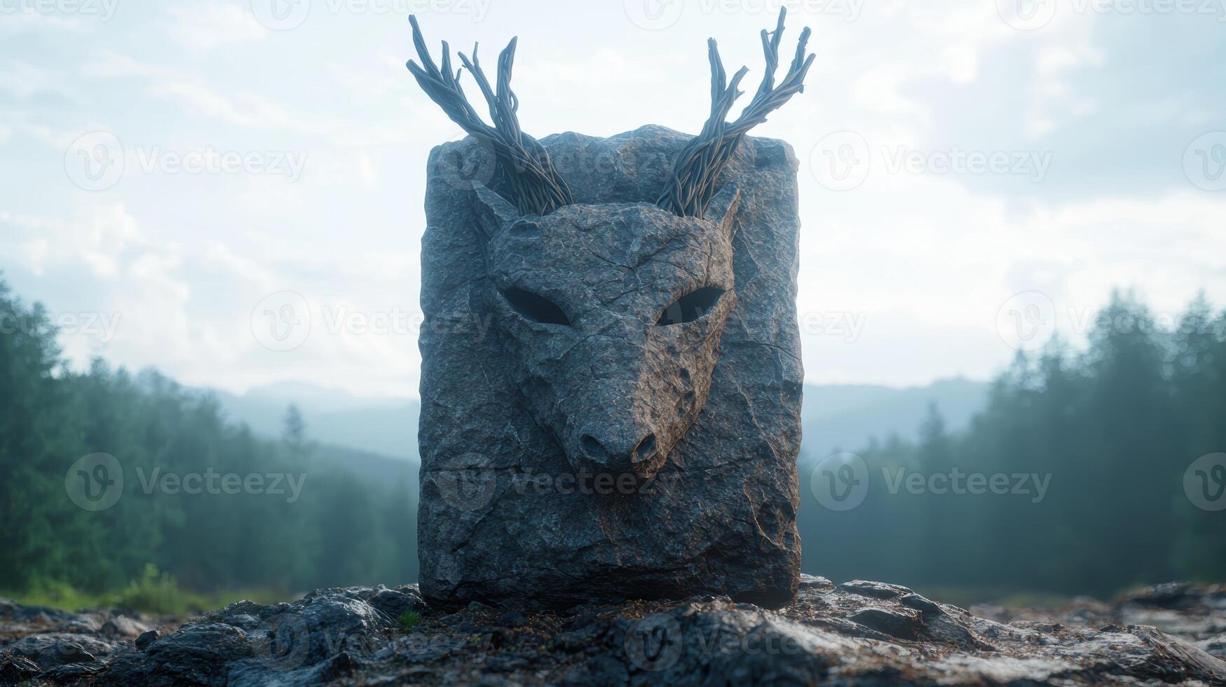 Mystical stone sculpture of a deer in the forest photo