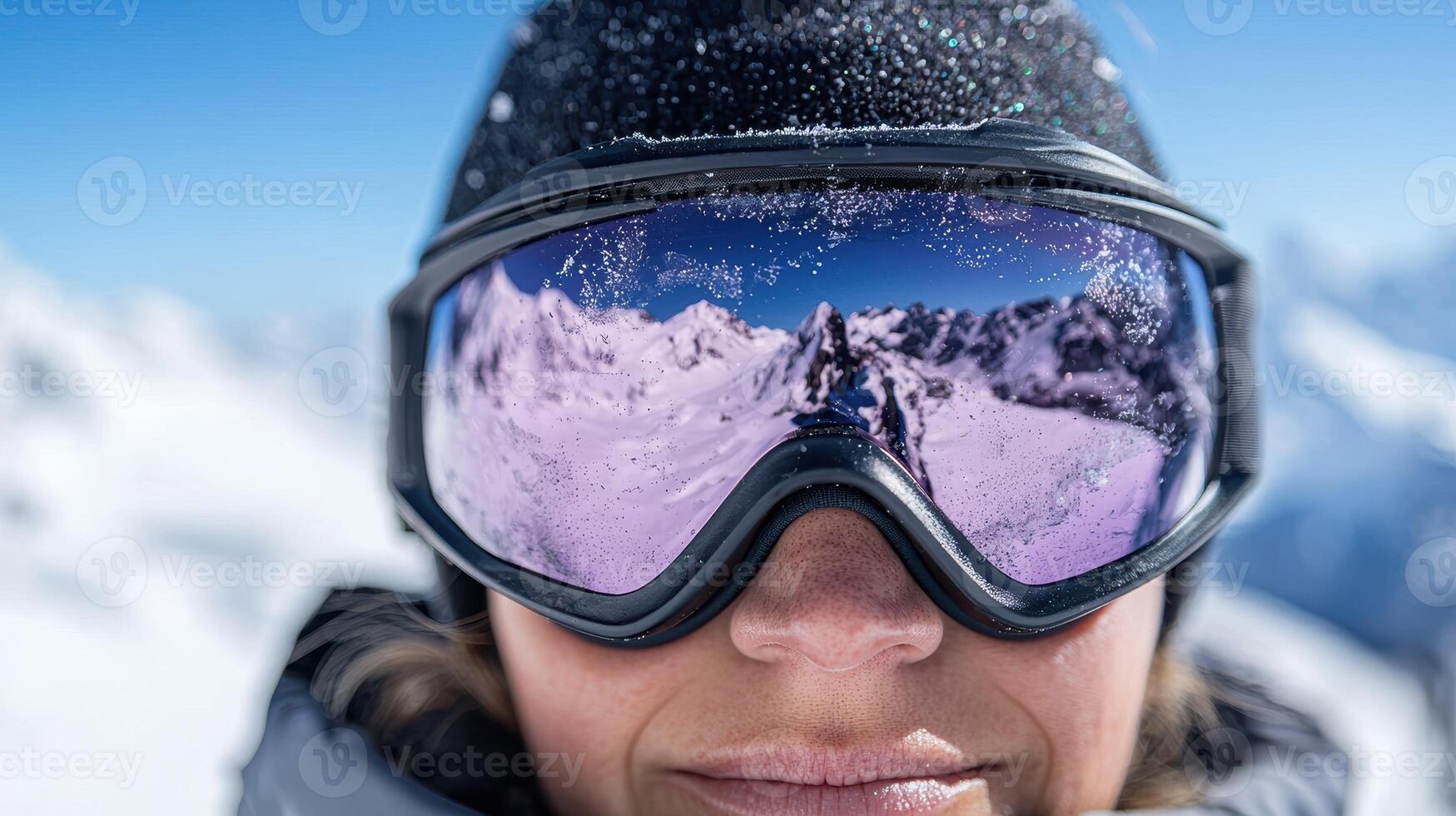 Skiers view through snow covered goggles photo