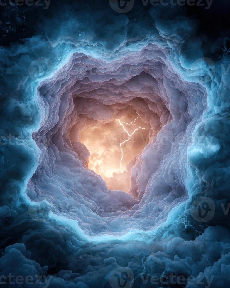 Dramatic stormy sky with lightning in a cave photo