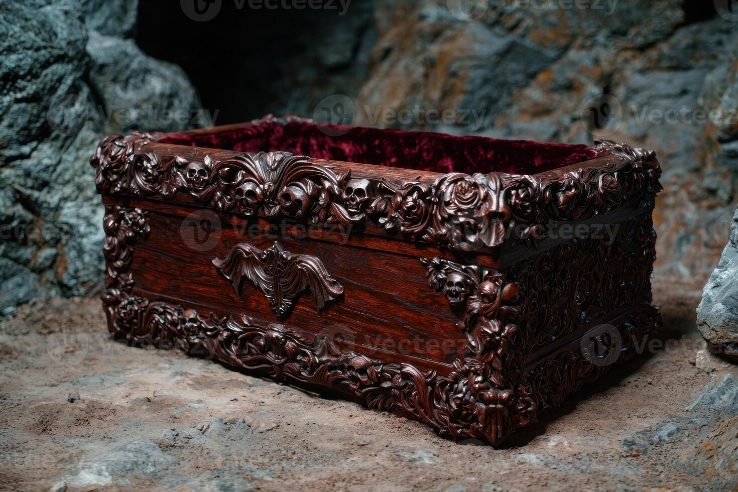 Ornate wooden casket with intricate floral carvings photo