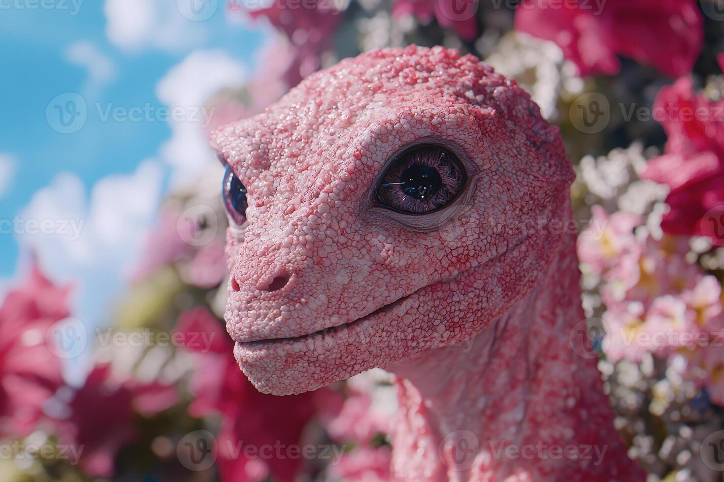 close up of a pink gecko in a floral environment photo