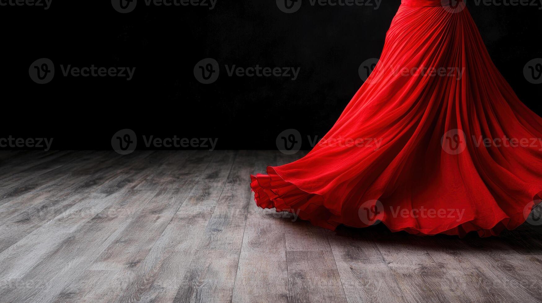 Dramatic red dress on wooden floor photo