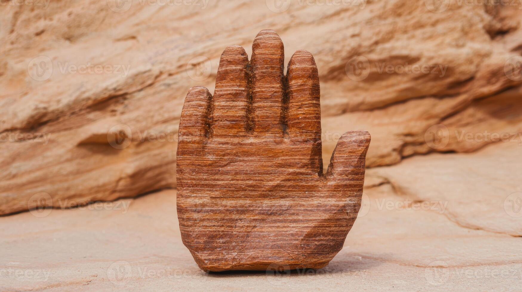Wooden hand sculpture against rock background photo
