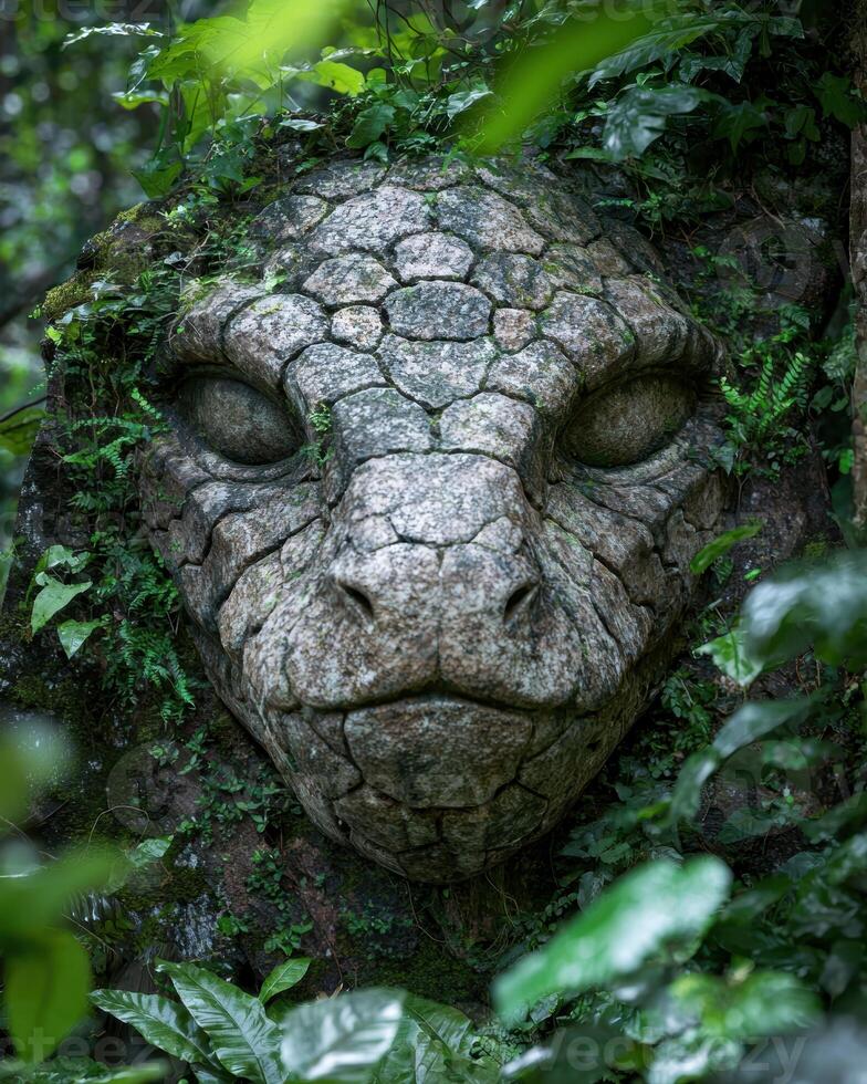 Detailed stone sculpture of a mythical creature in a lush forest photo