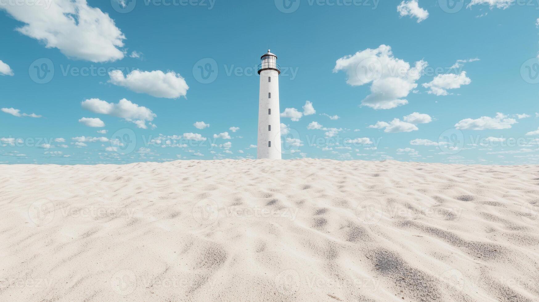 Lighthouse on sandy beach with blue sky and clouds photo