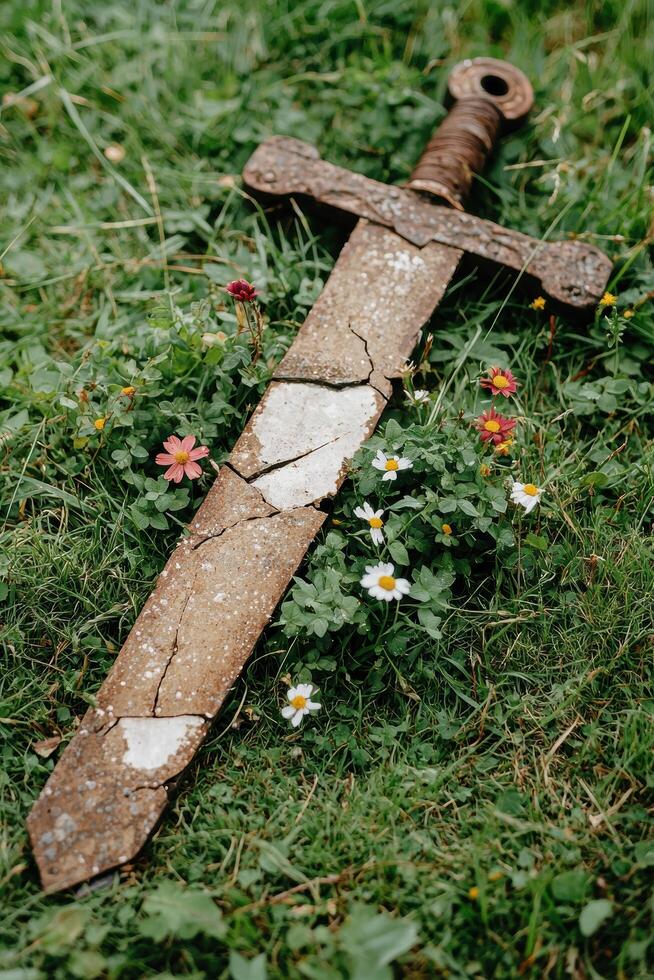 Rusty sword in overgrown meadow with wildflowers photo