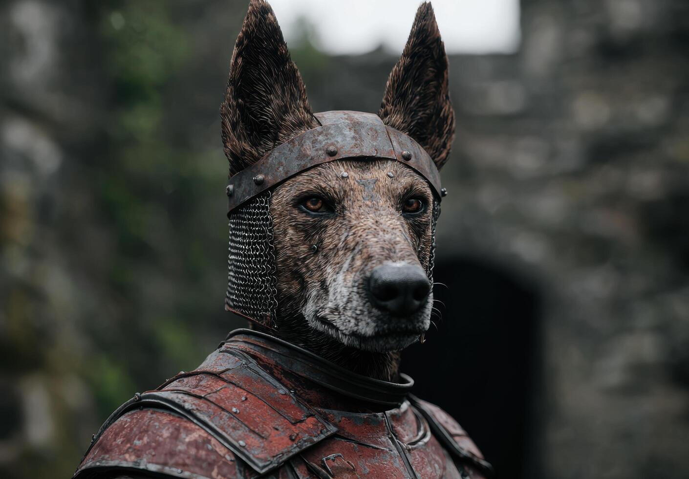Armored dog warrior in the forest photo