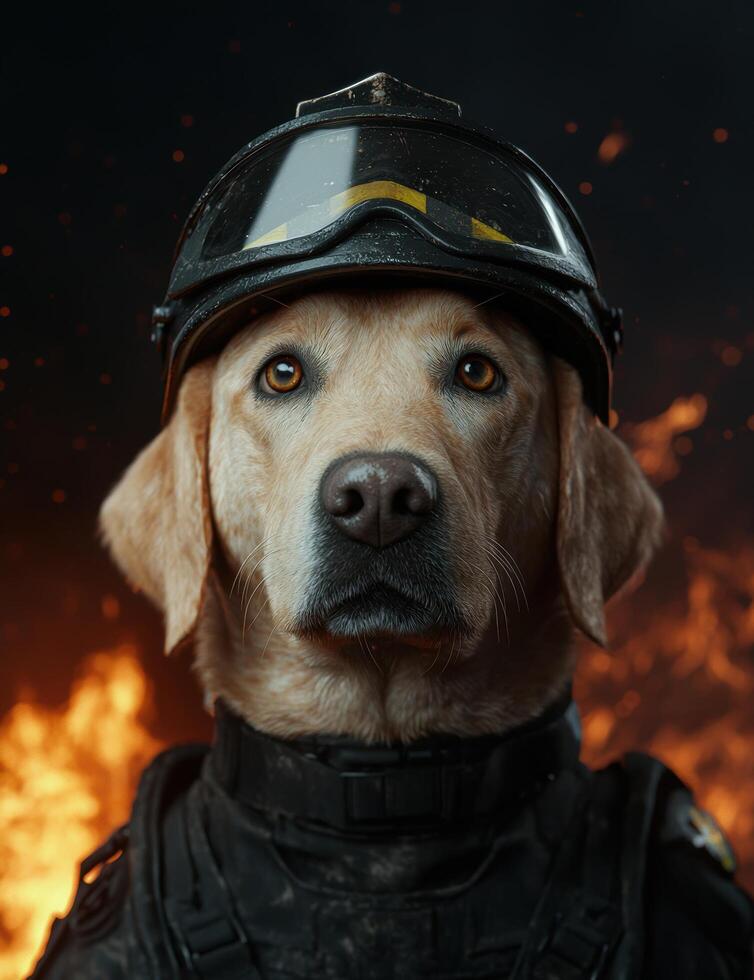 Heroic dog firefighter in action photo