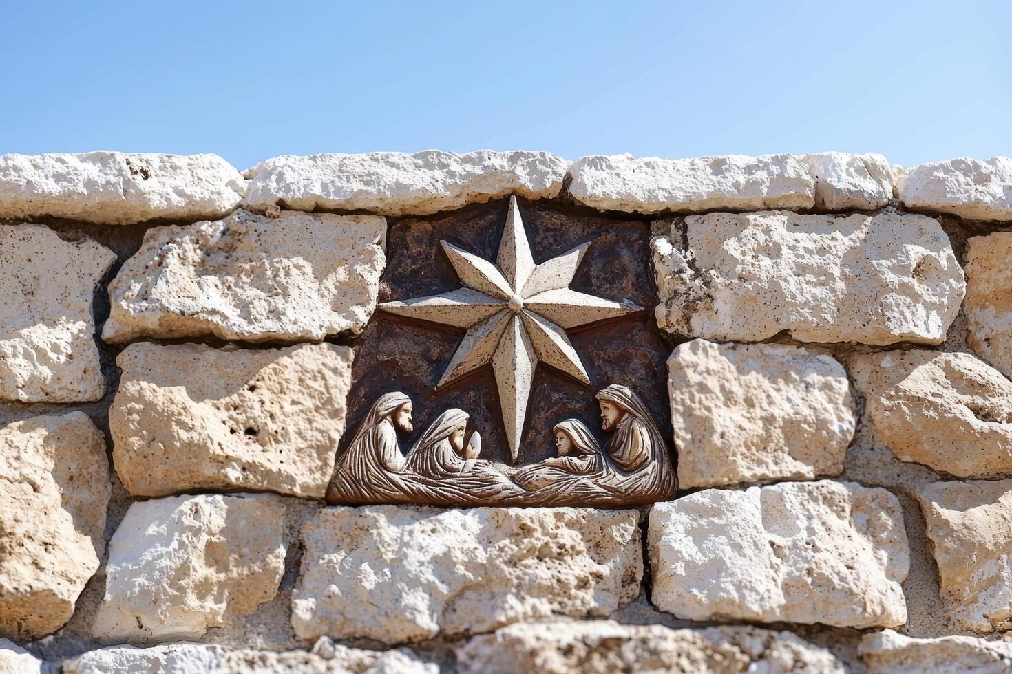 nativity scene carved in stone wall photo