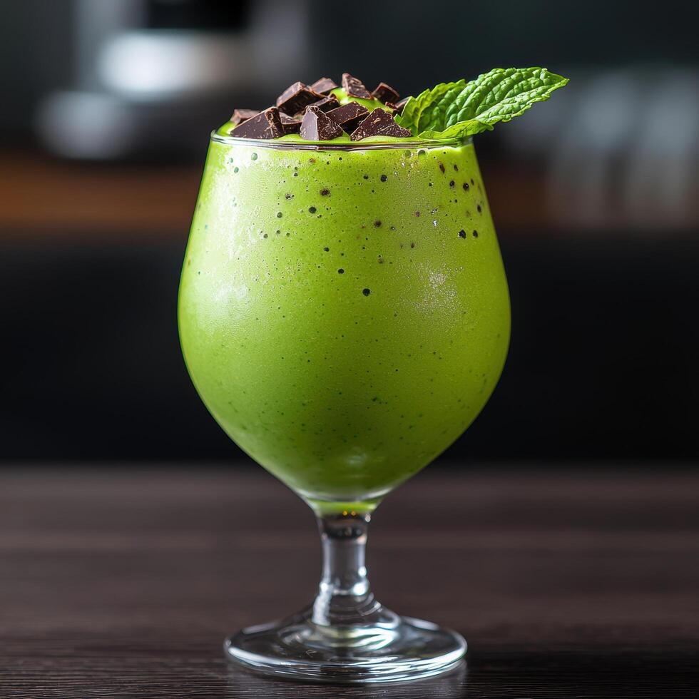 refreshing green smoothie with chocolate and mint photo