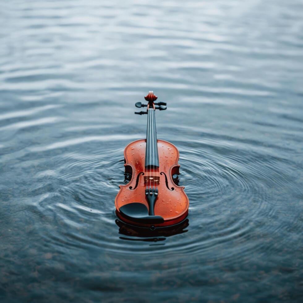 Violin floating on serene lake photo