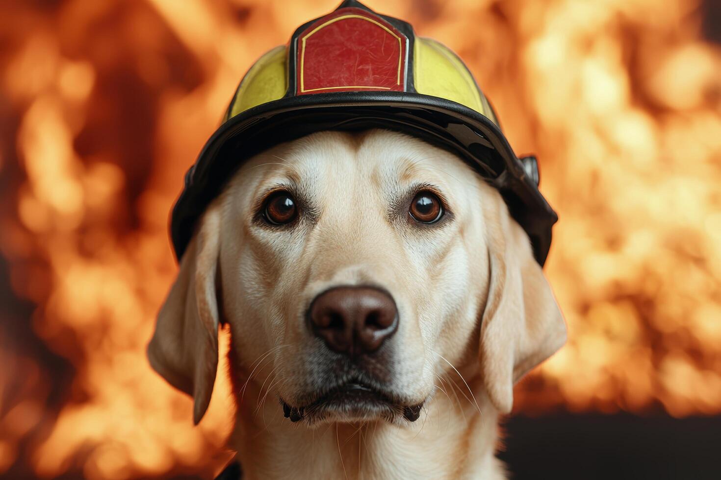 Adorable dog wearing firefighter helmet photo