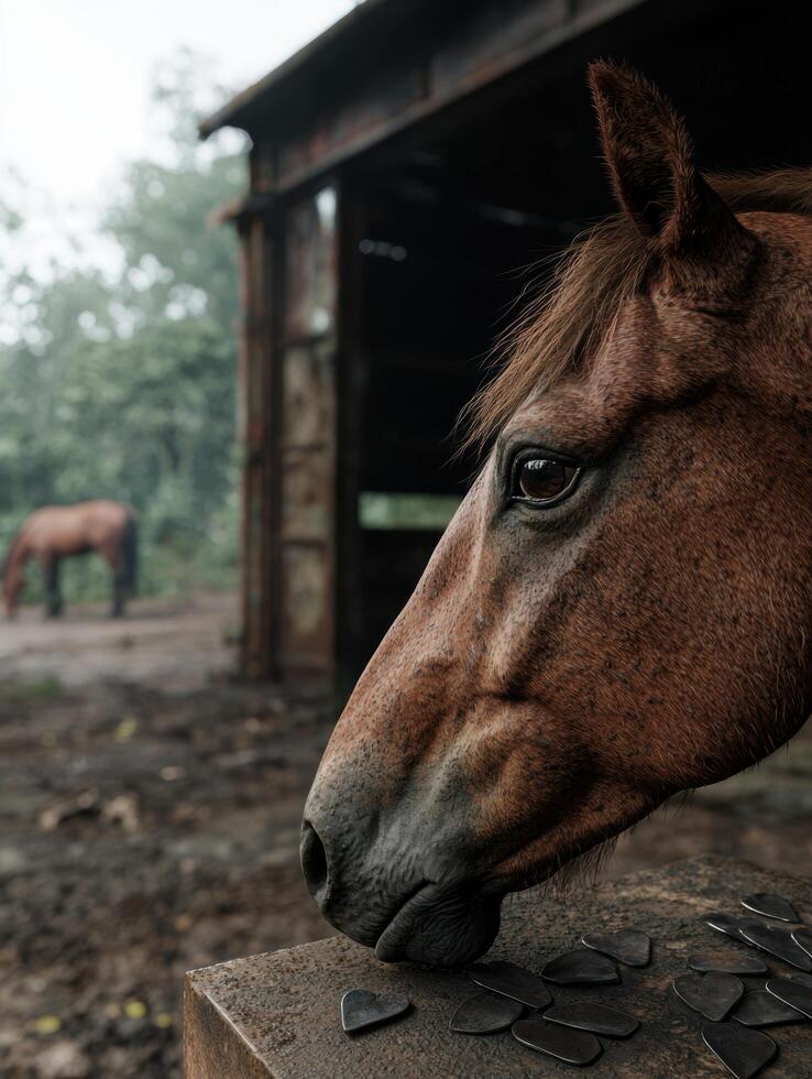 Close up of a horses face in a rustic setting photo