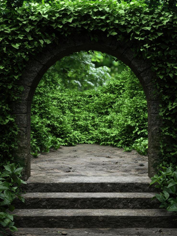 Enchanting forest archway with lush greenery photo