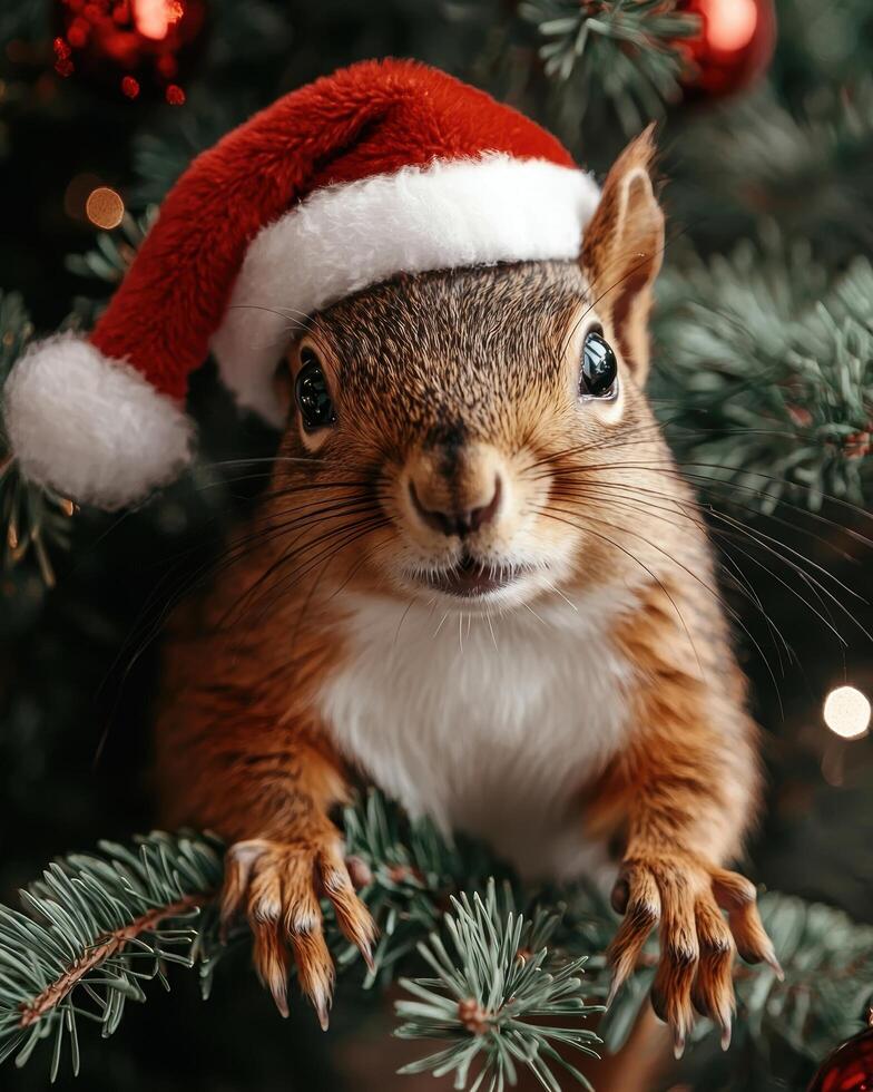 Cute squirrel wearing a santa hat in a christmas tree photo