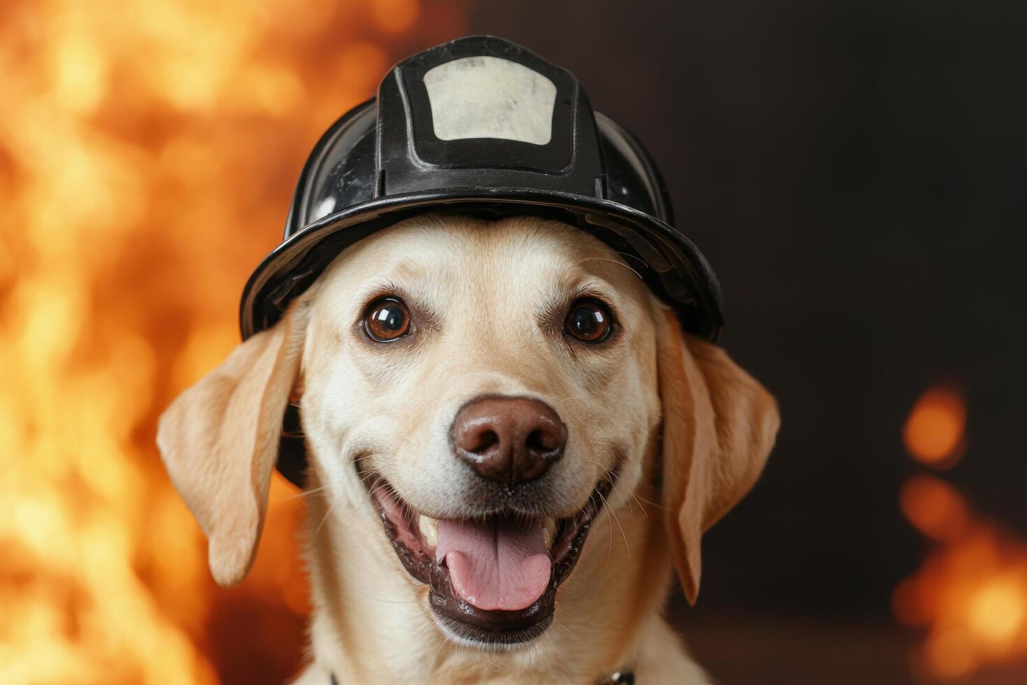 Smiling dog wearing firefighter helmet photo