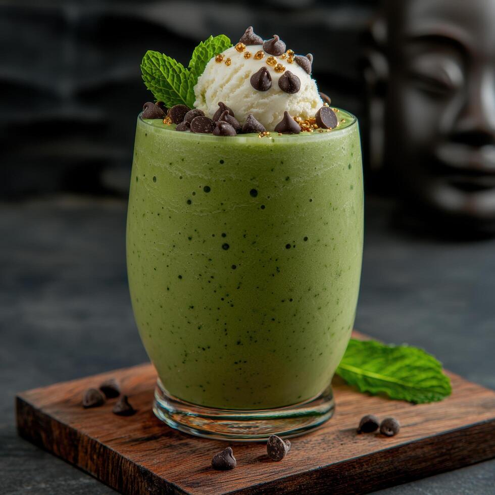 Refreshing green smoothie with ice cream and chocolate chips photo