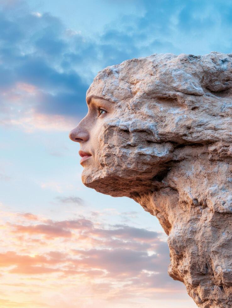 Weathered rock face against dramatic sky photo