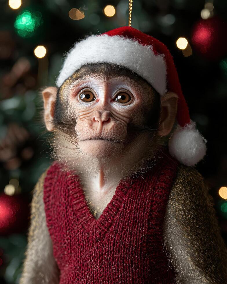 Cute christmas monkey wearing santa hat photo