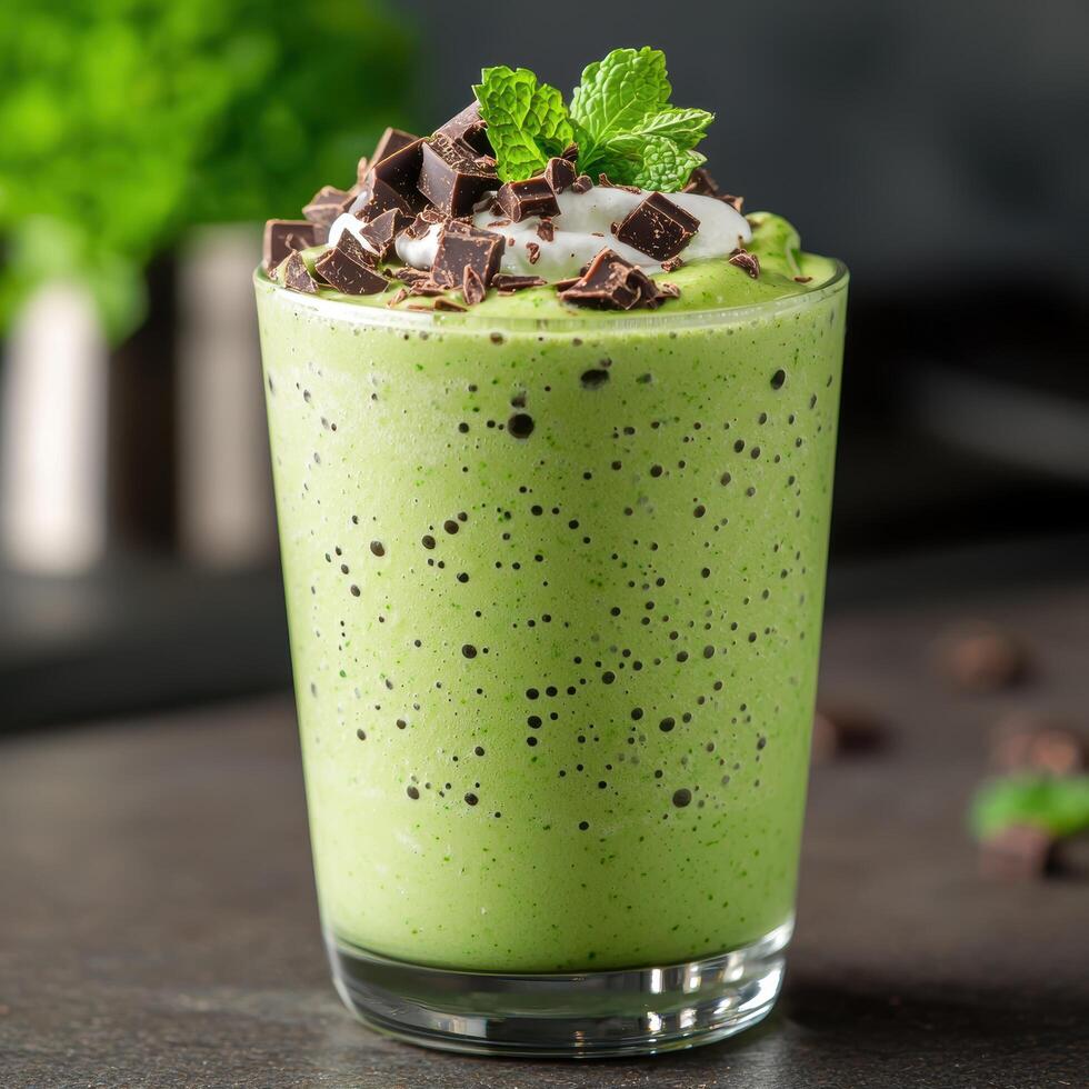Delicious green smoothie with chocolate shavings and mint photo