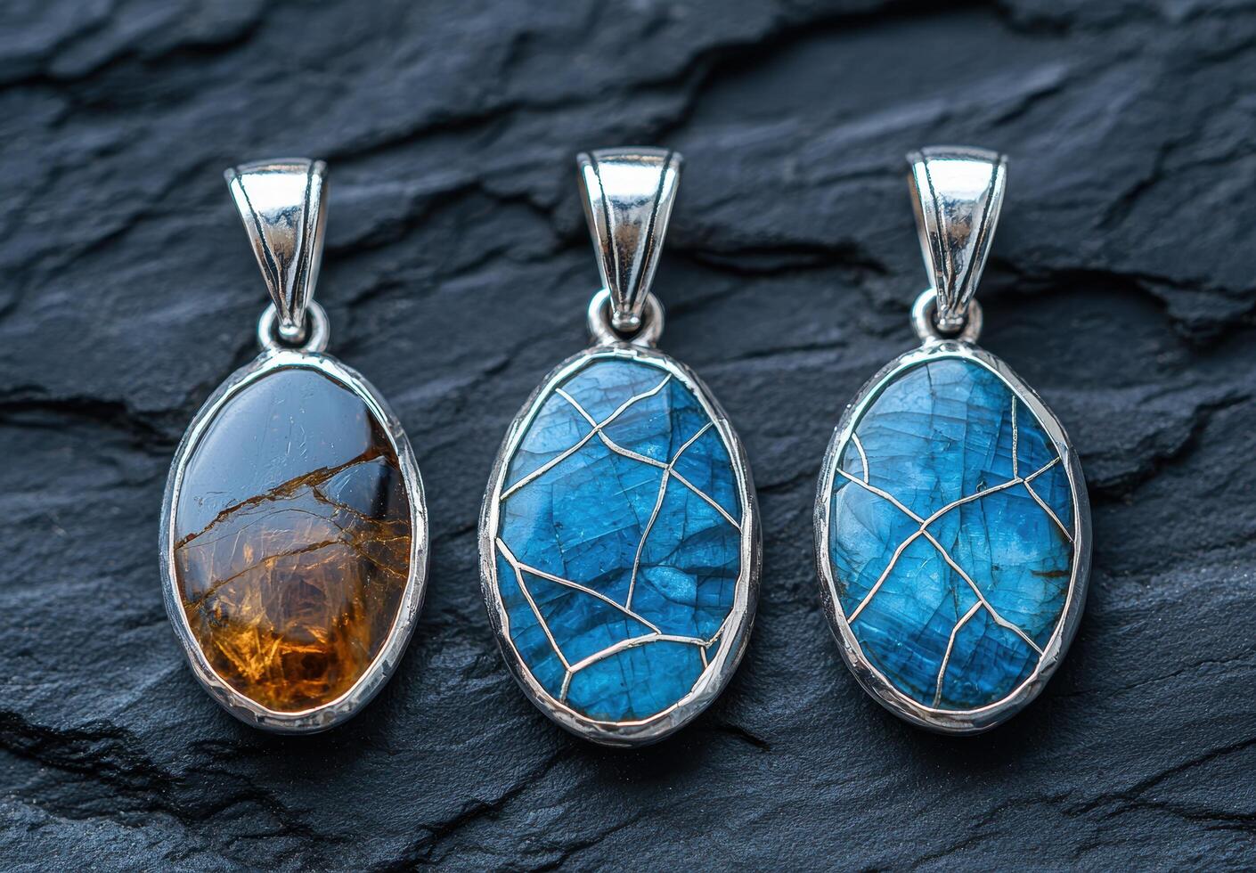 Assortment of oval shaped gemstone pendants on dark slate background photo