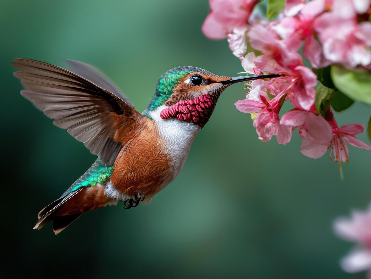 Hummingbird feeding on pink flower photo