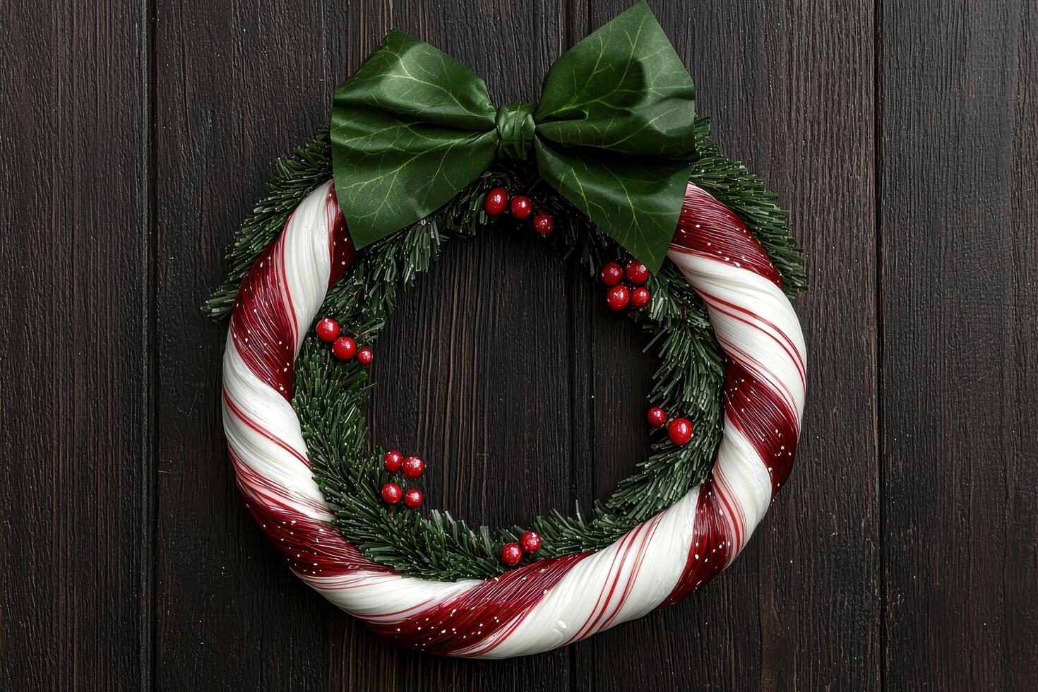 festive christmas wreath with red berries and green leaves photo