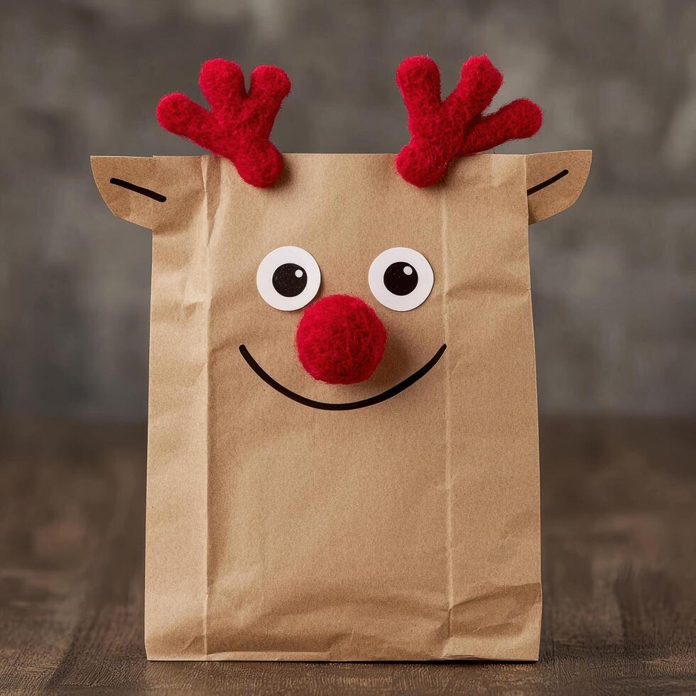 cute reindeer paper bag with red nose and antlers photo