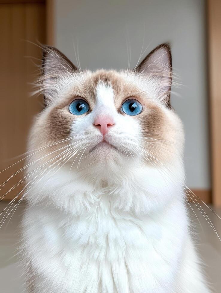 Closeup portrait of a beautiful ragdoll cat with striking blue eyes photo