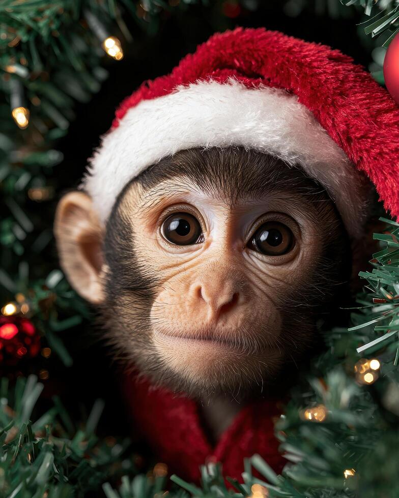 cute christmas monkey in santa hat photo