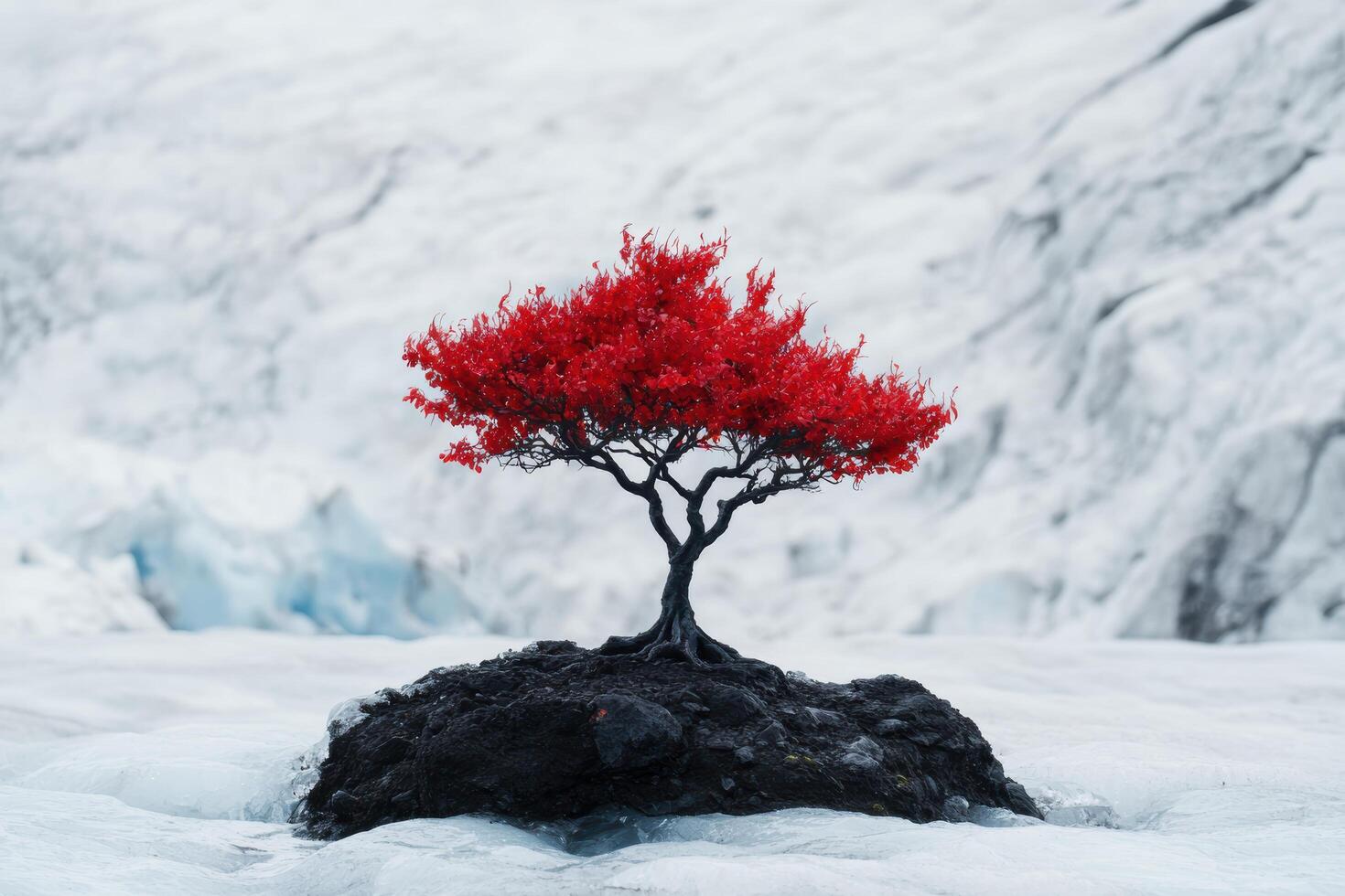 Vibrant red tree in snowy landscape photo